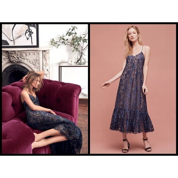 💕MOULINETTE SOEURS ANTHROPOLOGIE💕 Celestial Lace Maxi Dress Navy Blue 12 NWOT - Picture 1 of 14